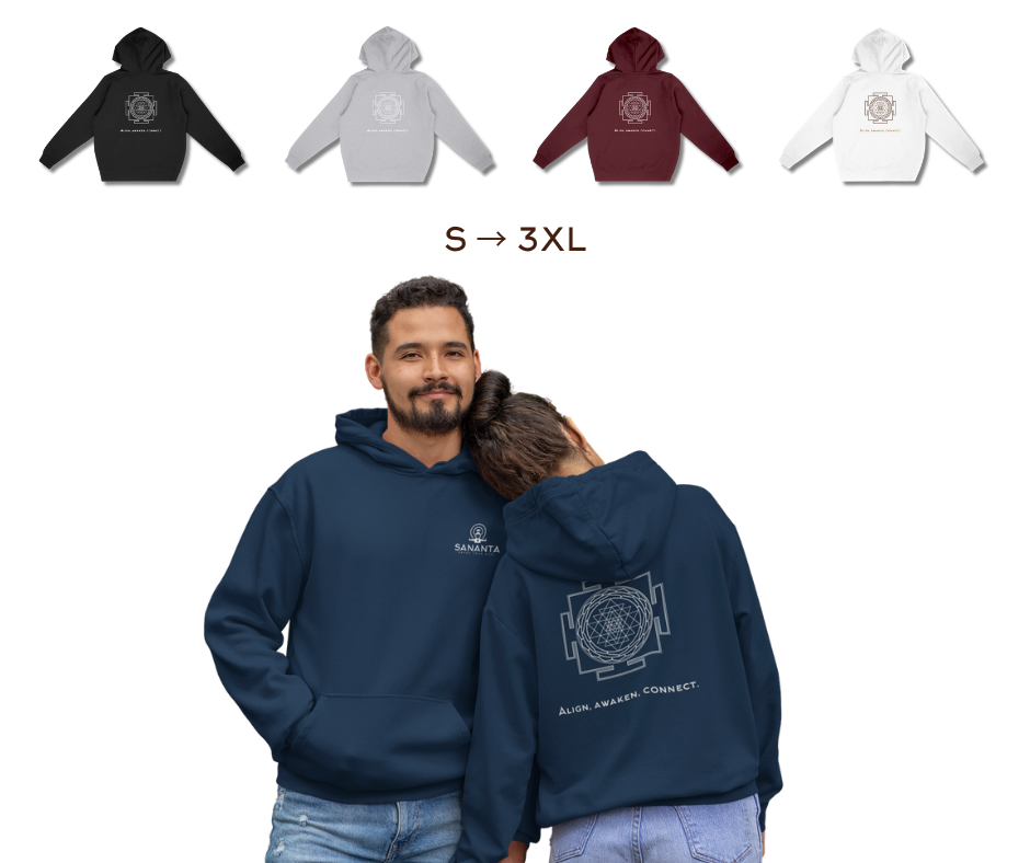 Hoodies spirituels Sananta pour homme et femme avec Yantra de Durga – protection vibratoire au quotidien, disponibles en tailles S à 3XL.