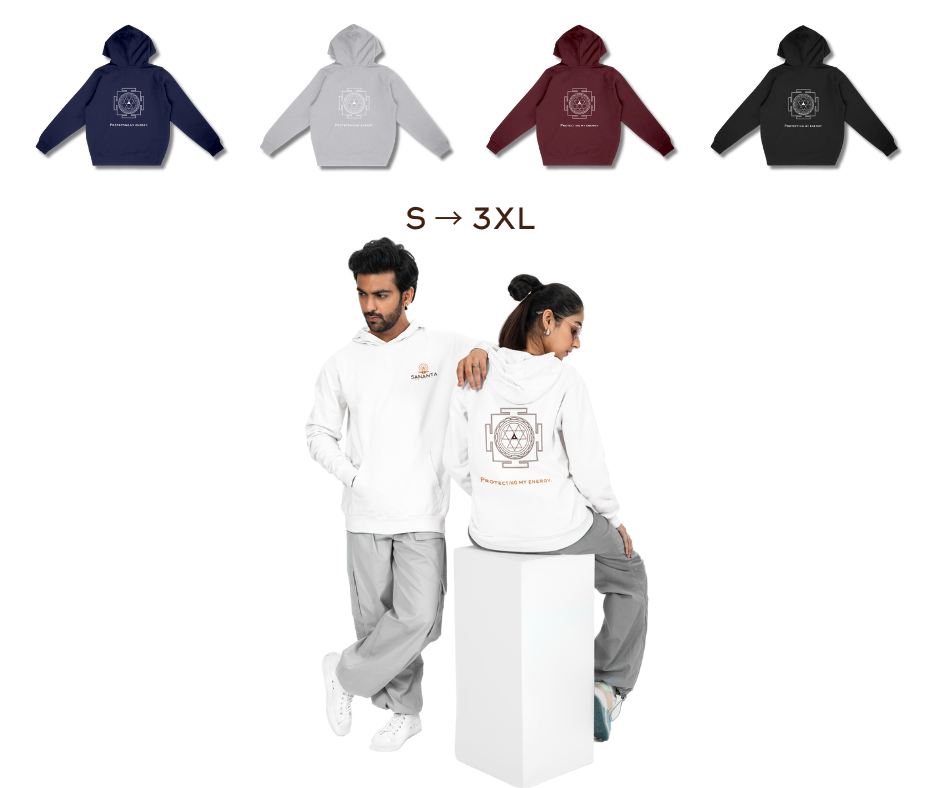 Hoodies spirituels Sananta pour homme et femme avec Yantra de Durga – protection vibratoire au quotidien, disponibles en tailles S à 3XL.