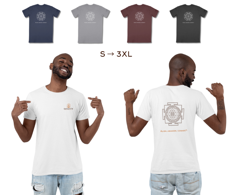 T-shirts vibratoires pour homme Sananta avec symbole sacré Sri Yantra – disponibles en blanc, gris, bleu marine, noir et bordeaux, tailles S à 3XL.